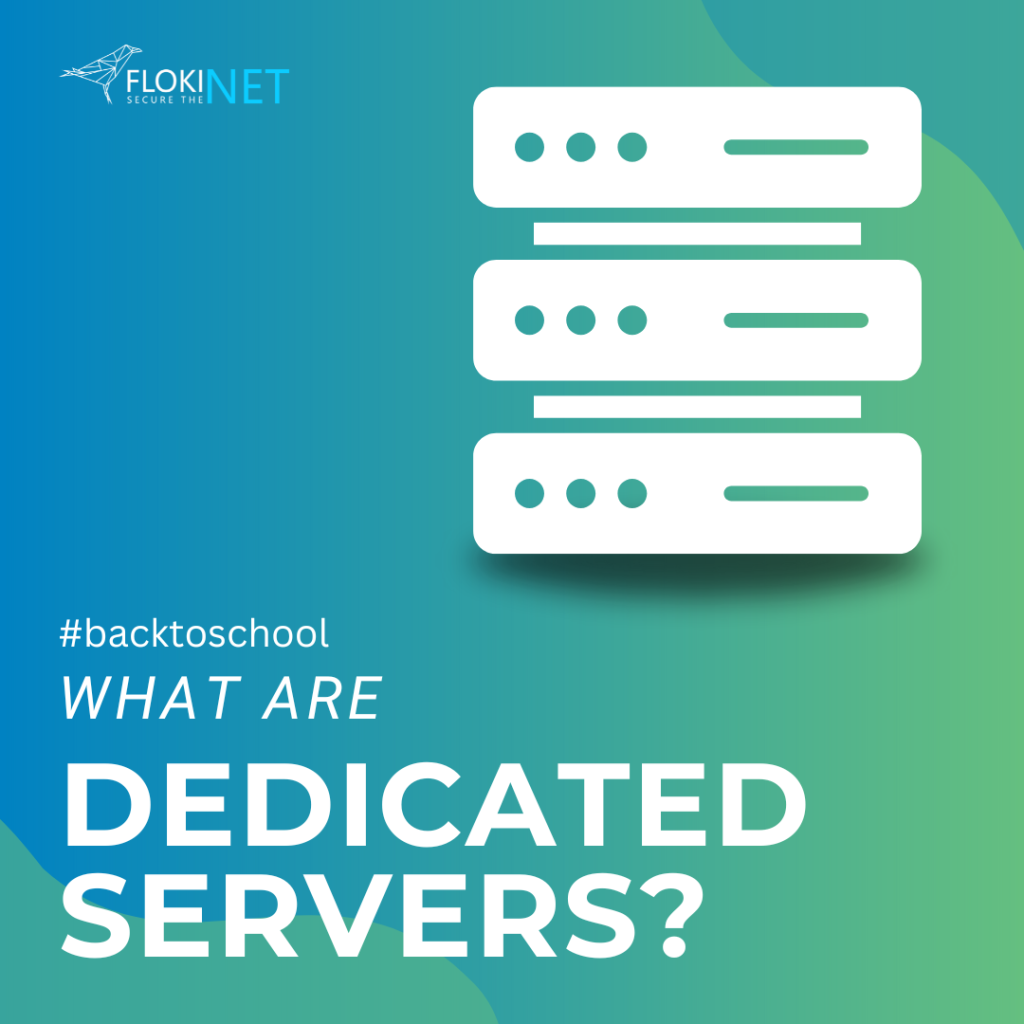 Dedicated servers graphic with FlokiNET logo, highlighting server performance, security, and control.