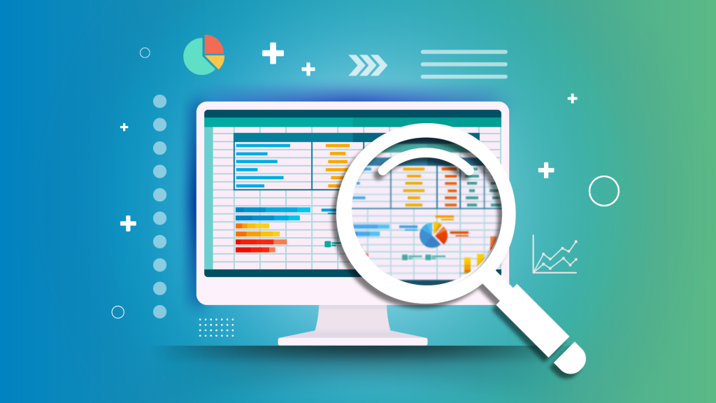 Illustration of a computer screen displaying colorful data charts and graphs, magnified with a large magnifying glass, representing server monitoring and performance analysis.